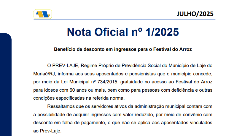 Nota Oficial nº 1/2025 Benefício de desconto em ingressos para o Festival do Arroz